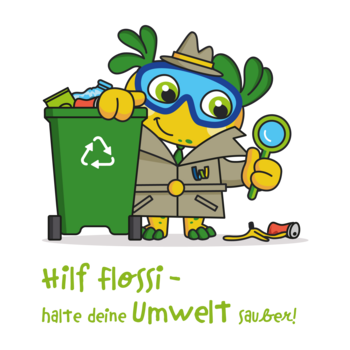 Das Maskottchen Flossi (ein Axolotl) trägt eine Detektivuniform, bestehend aus Mantel und Hut, und hält eine Lupe in der linken Hand, die auf eine Bananenschale und eine Dose auf dem Bosen gerichtet ist. Seine rechte Hand ist auf eine Mülltonne mit dem "wieder verwertbar" Symbol darauf."