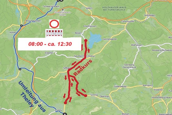 Kartenausschnitt der Region rund um den Bostalsee mit der Einzeichnung der Sperrung für die Radfahrer.