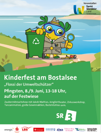 Plakat für das Kinderfest mit dem Maskottchen Flossi als Umweltschützer