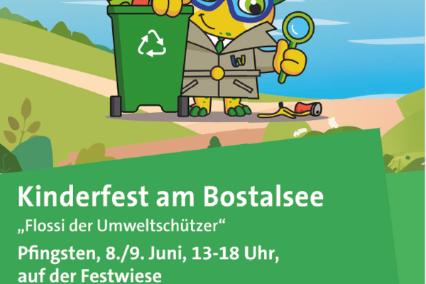 Plakat für das Kinderfest mit dem Maskottchen Flossi als Umweltschützer