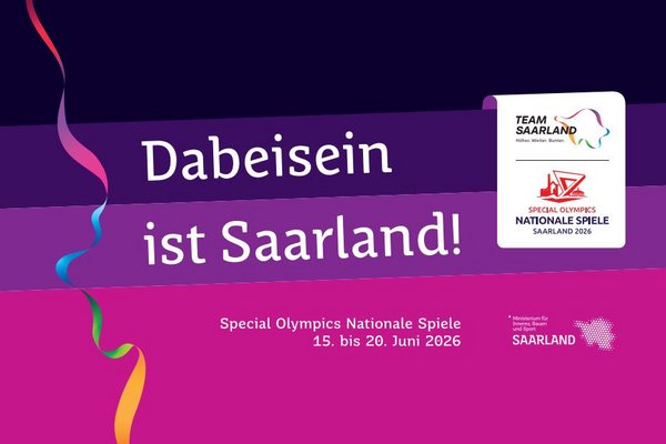 Hintergrund in schwarz, lila und pink mit der Schrift Dabeisein ist Saarland! und den Daten sowie dem Logo