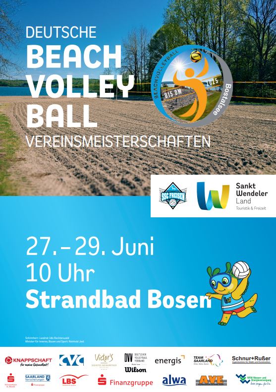 Ein Plakat mit einem Beachvolleyballfeld und den Daten für die Deutschen Beachvolleyball Vereinsmeisterschaften darauf.